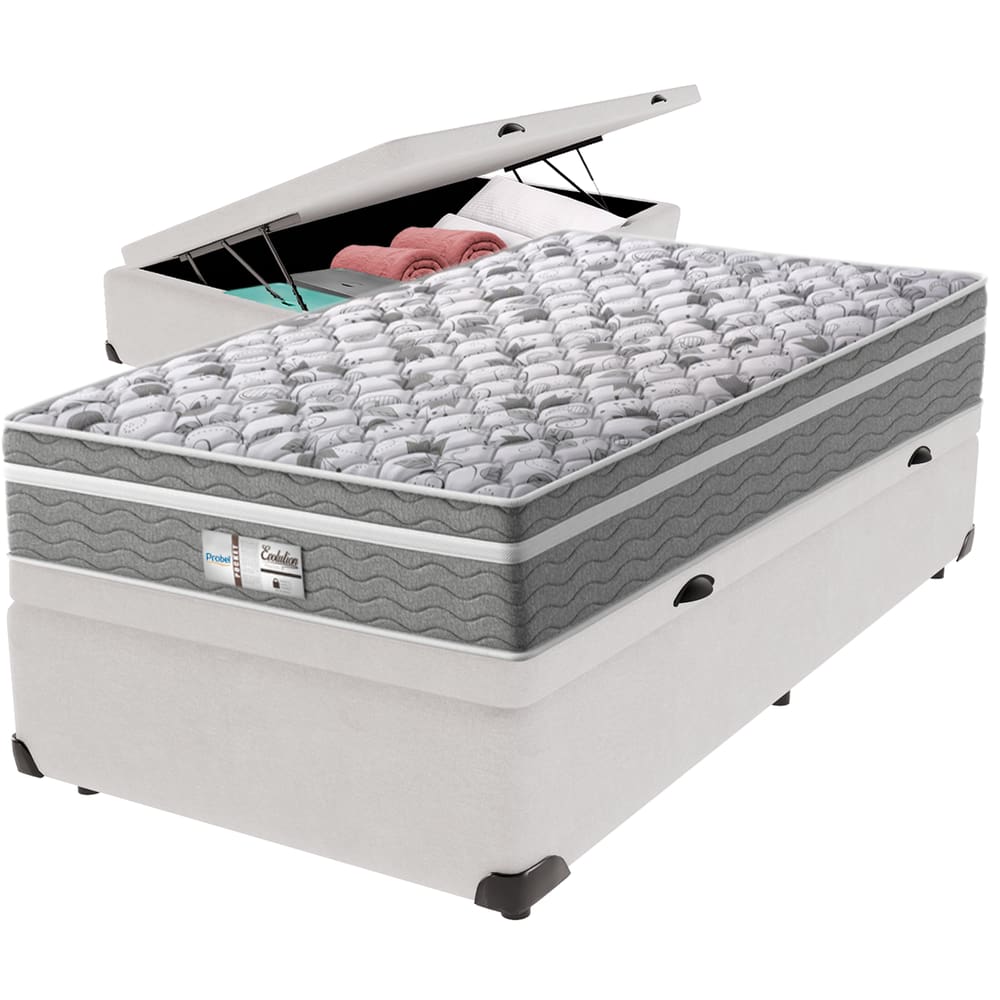 Cama Box Baú Branco e Colchão Evolution Molas Ensacadas Solteiro Probel