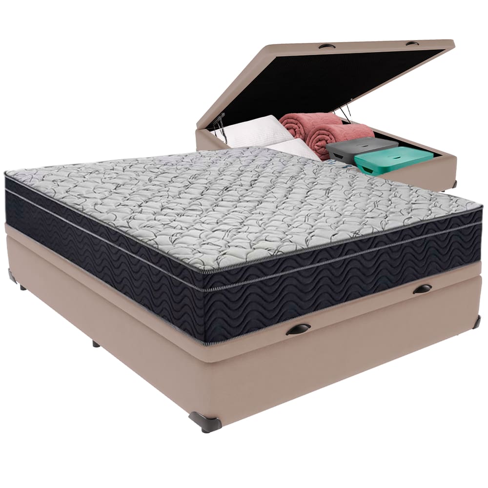 Cama Box Baú Bege e Colchão Airtech 150 Espuma D45 Casal Ortobom