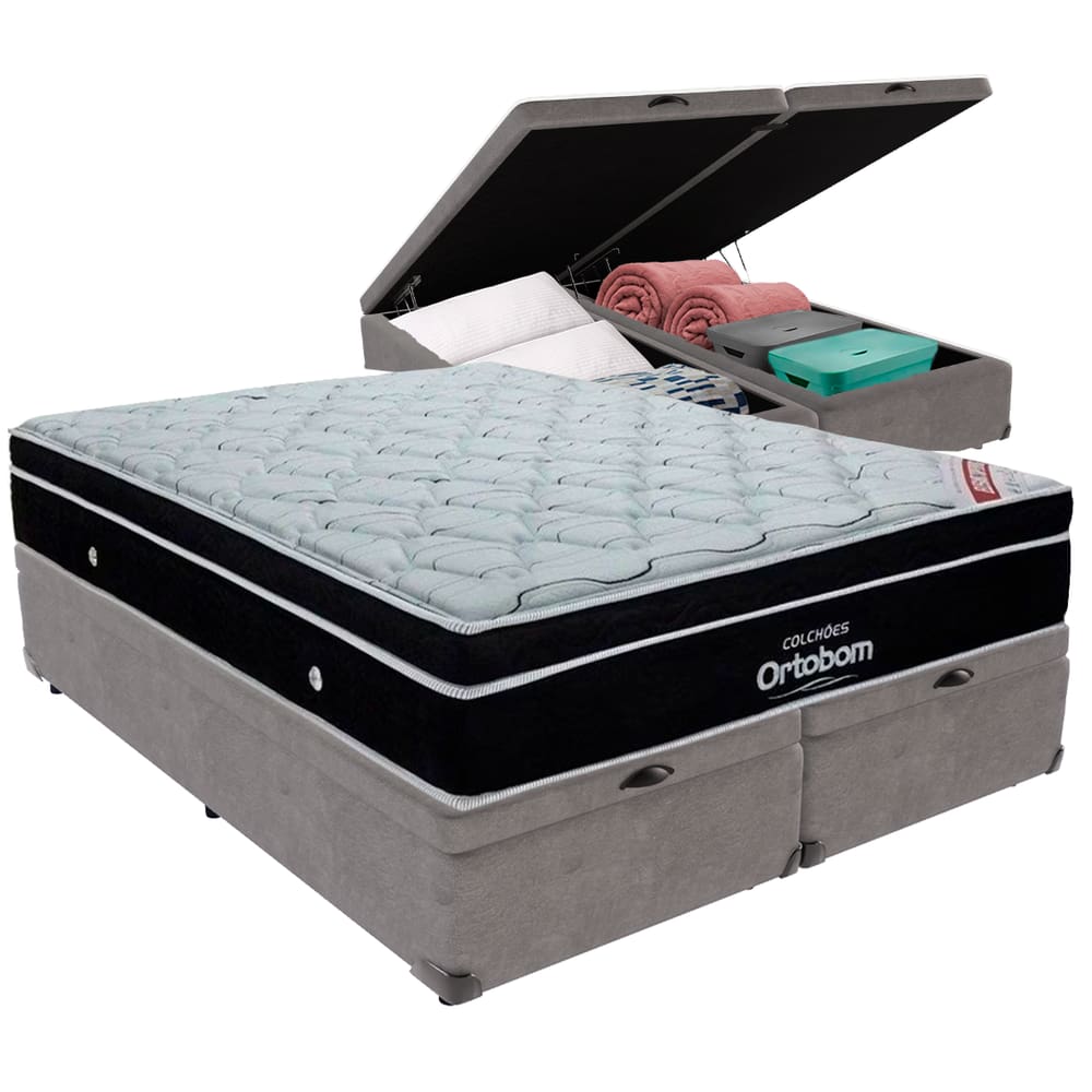 Cama Box Baú Cinza e Colchão Elegant Molas Ensacadas King Ortobom