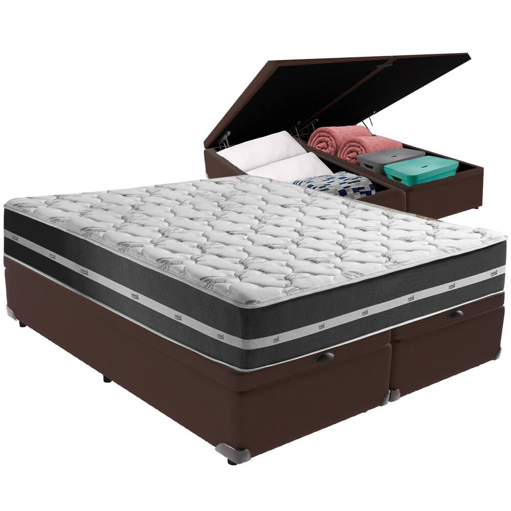 Cama Box Baú Marrom e Colchão Classic Preto Molas ensacadas King Anjos