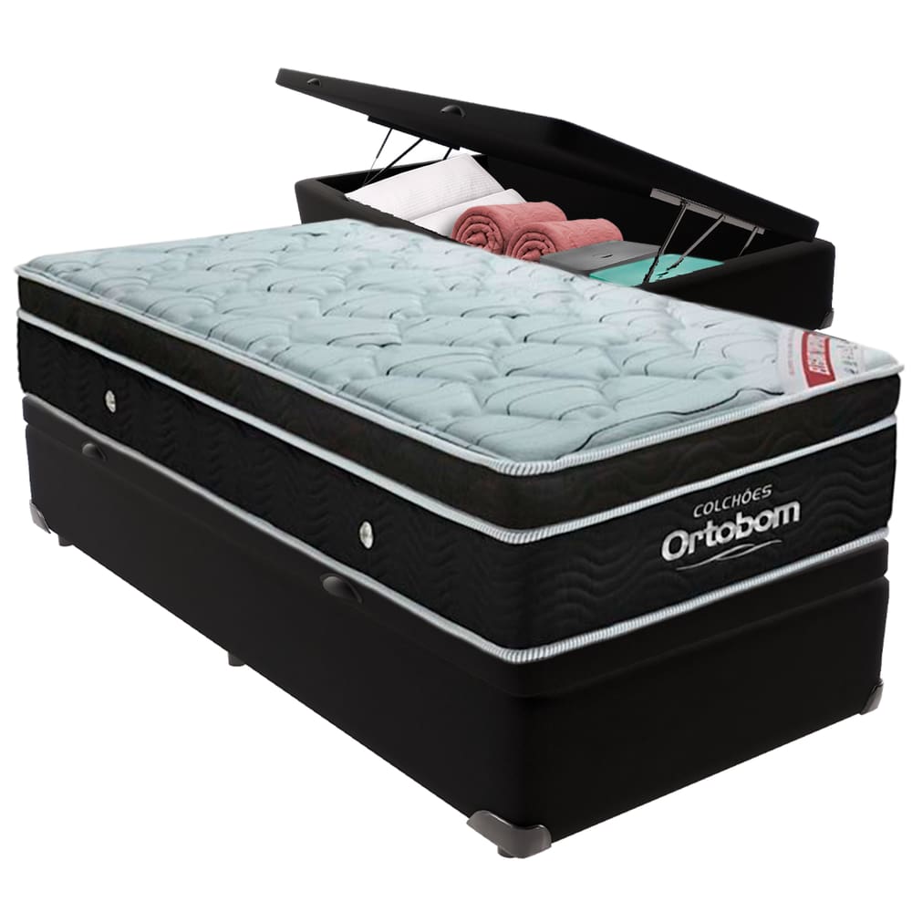 Cama Box Baú Preto e Colchão Elegant Molas Ensacadas Solteiro Ortobom