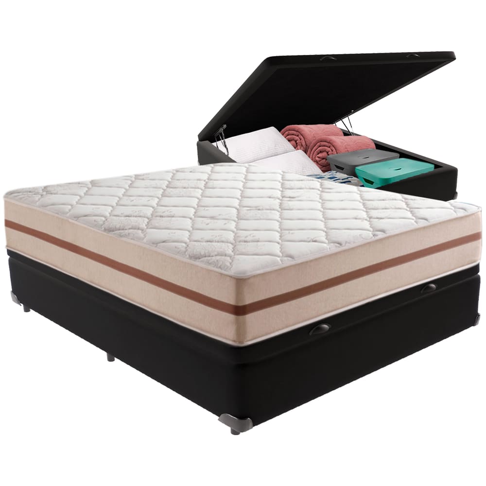 Cama Box Baú Preto e Colchão Classic 22 cm Molas ensacadas Casal Anjos