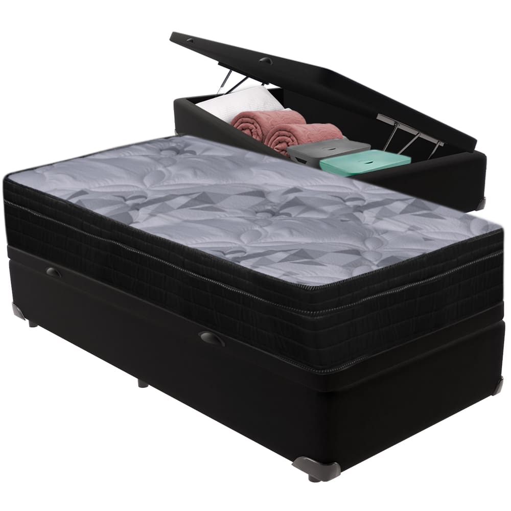 Cama Box Baú Preto e Colchão Airtech Pampa Molas ensacadas Solteiro Ortobom