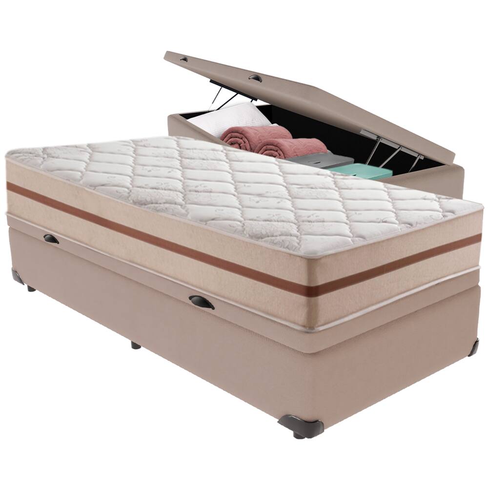 Cama Box Baú Bege e Colchão Classic 22 cm Molas ensacadas Solteiro Anjos