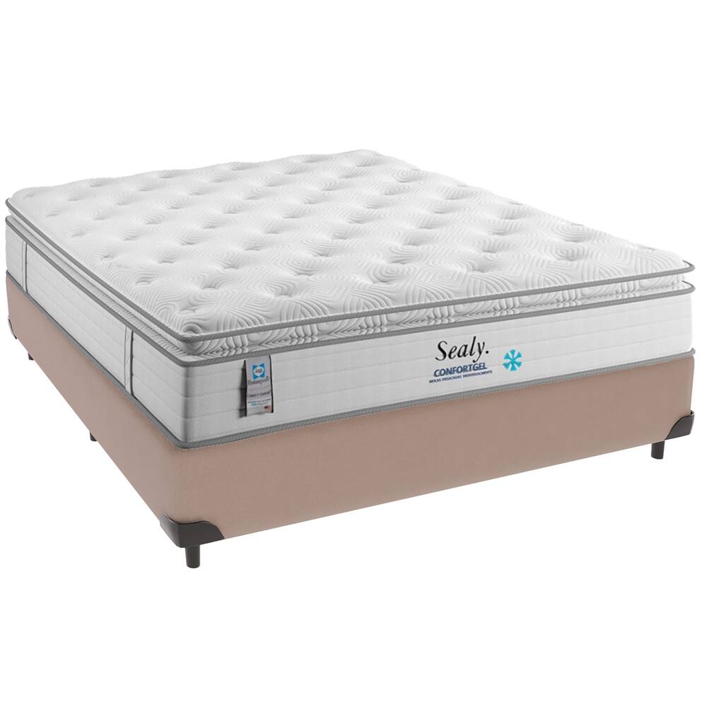 Cama Box Bege e Colchão Confort Gel Molas Ensacadas com Pillow Top Casal Sealy