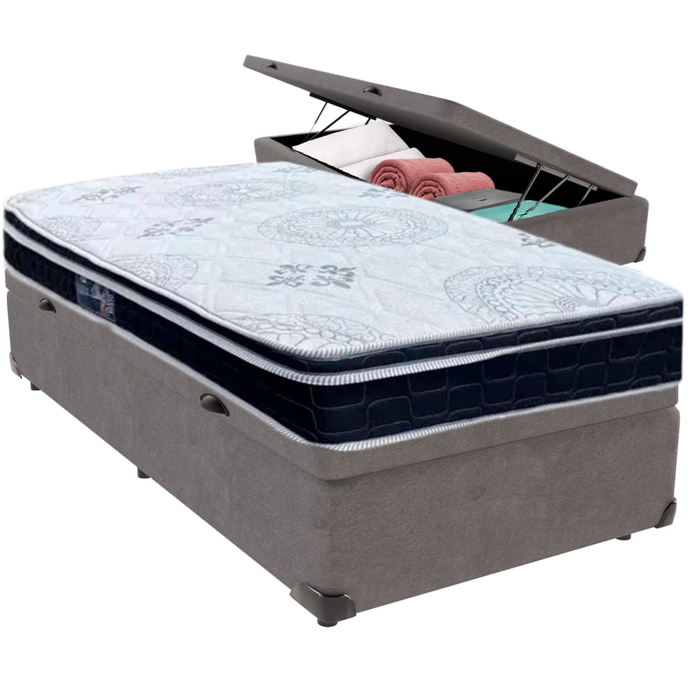 Cama Box Baú Cinza e Colchão Orthosono D33 Com Euro Pillow Solteiro Anjos