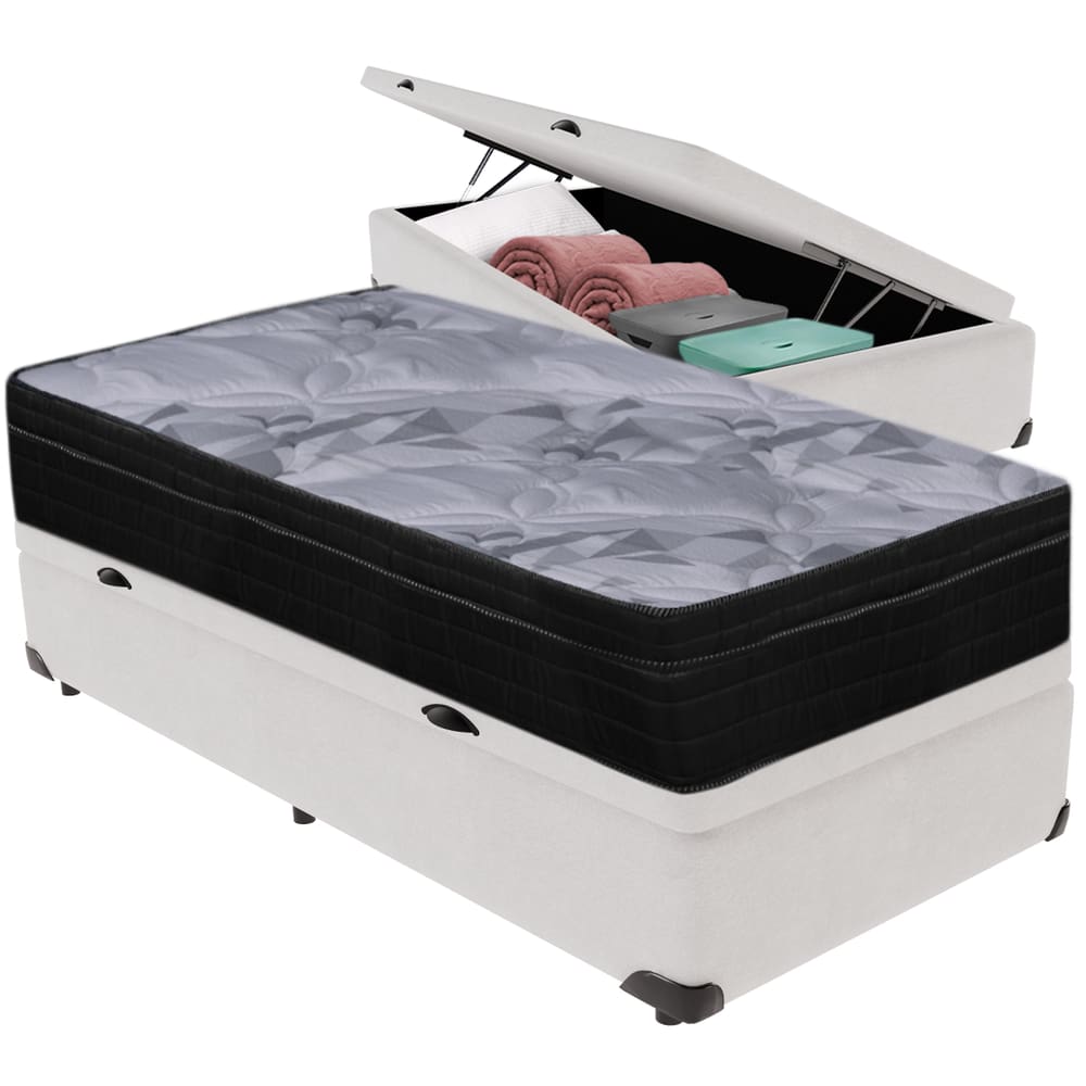 Cama Box Baú Branco e Colchão Airtech Pampa Molas ensacadas Solteiro Ortobom