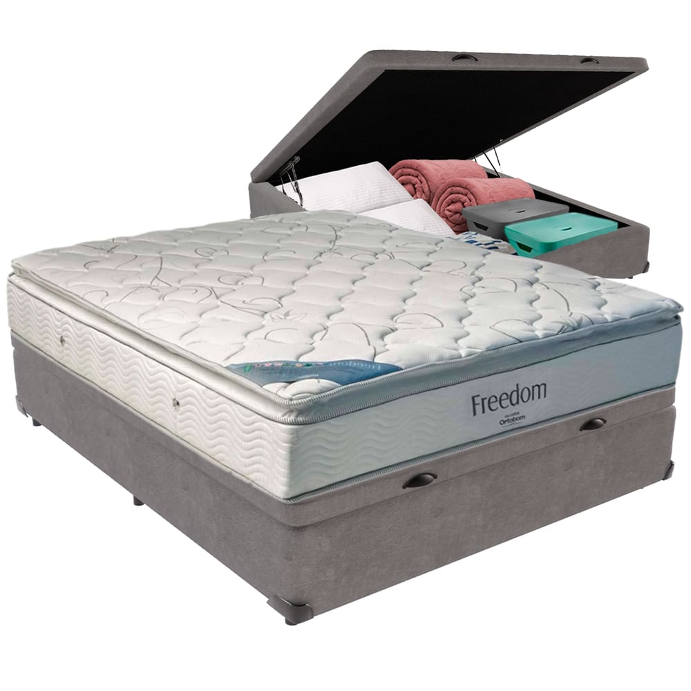 Freedom Casal Ortobom Viscoelástico D33 Box Baú Cinza