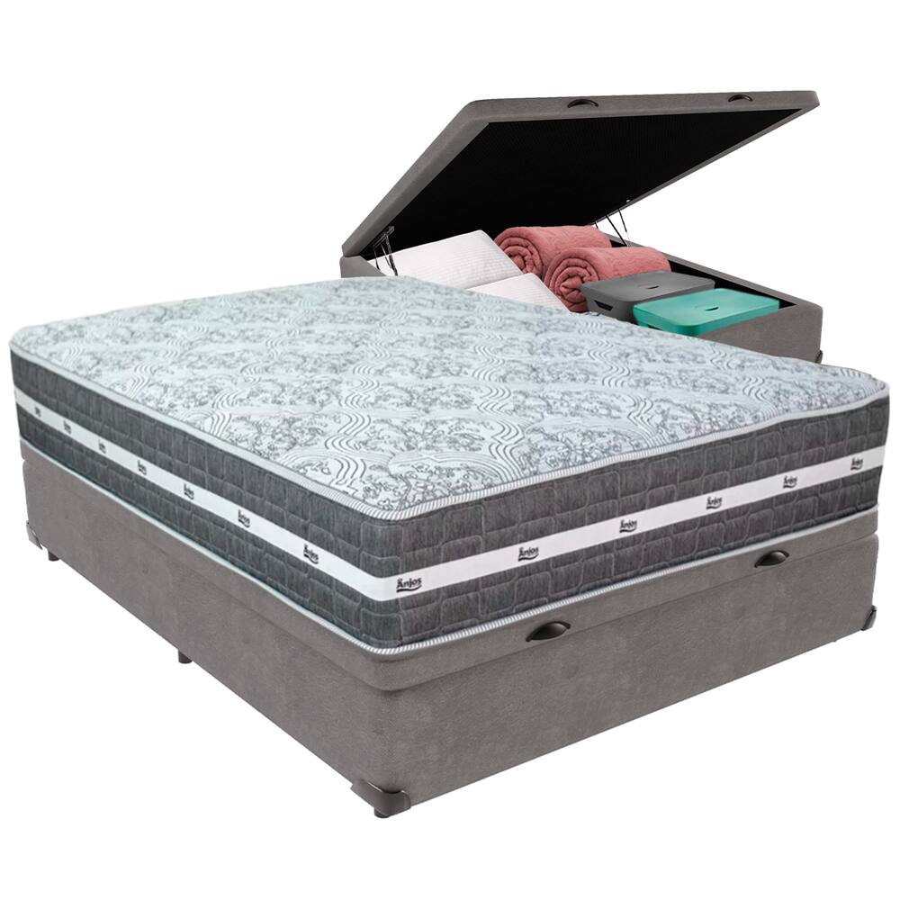 Cama Box Baú Cinza e Colchão Black Graphite Molas Ensacadas Casal Anjos