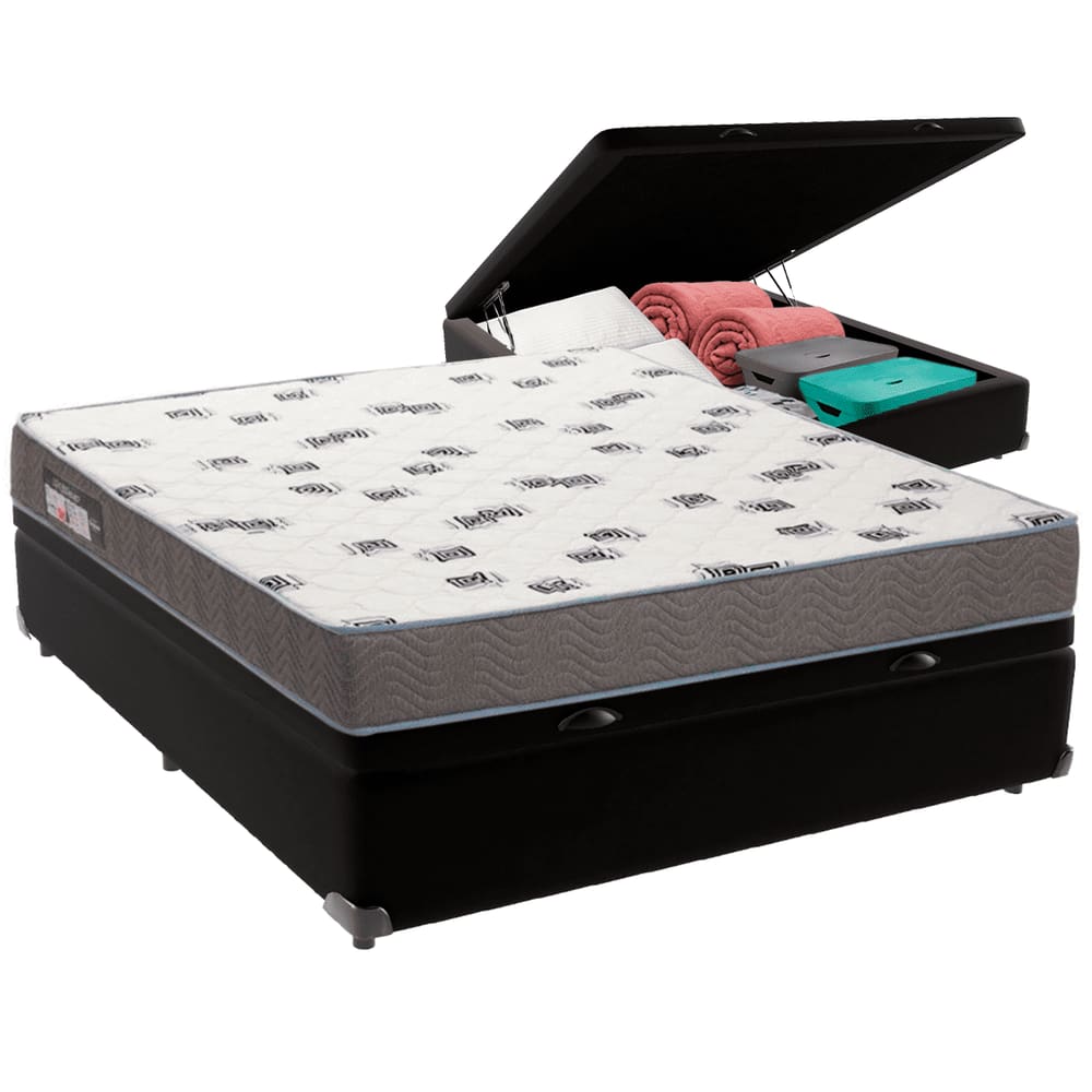 Cama Box Baú Preto e Colchão Light Espuma D33 Casal Ortobom
