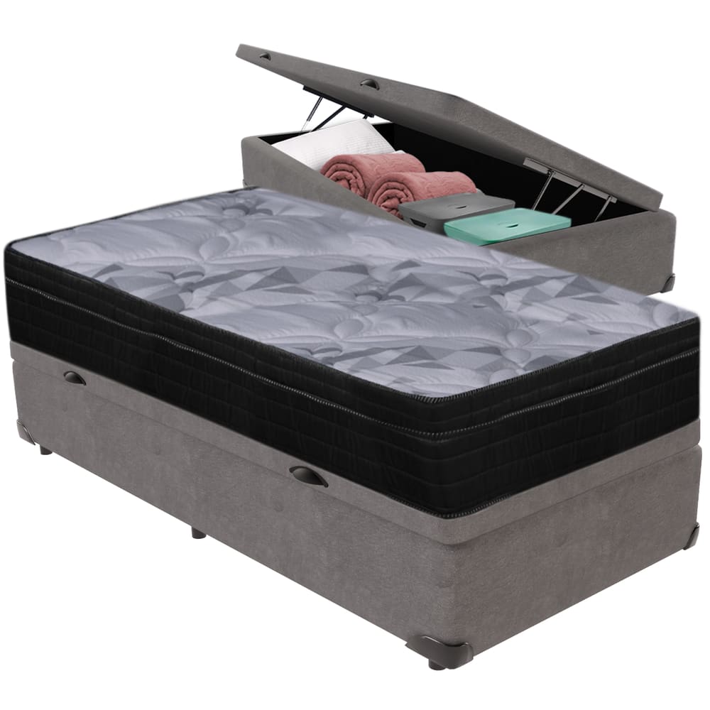 Cama Box Baú Cinza e Colchão Airtech Pampa Molas ensacadas Solteiro Ortobom
