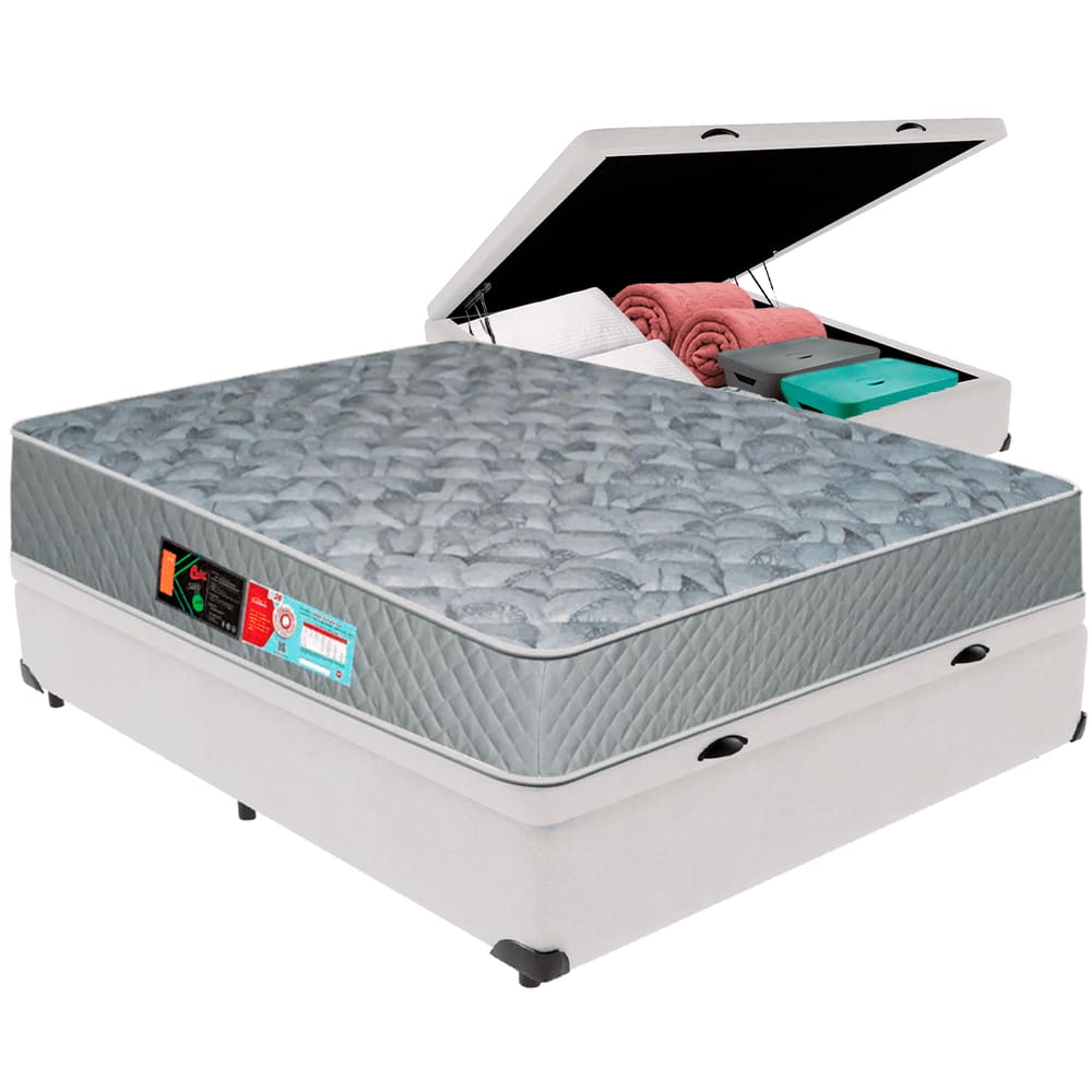 Cama Box Baú Branco e Colchão Sleep Max D33 Casal Castor