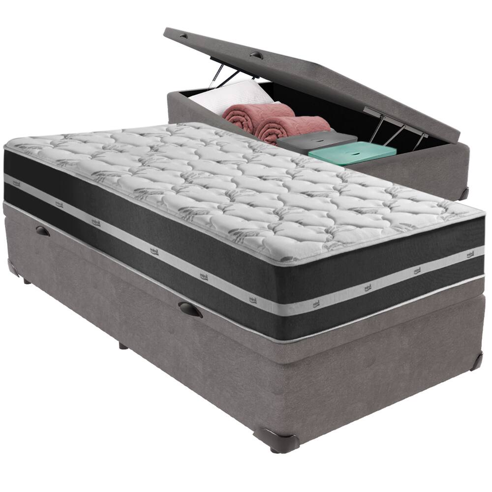 Cama Box Baú Cinza e Colchão Classic Preto Molas ensacadas Solteiro Anjos