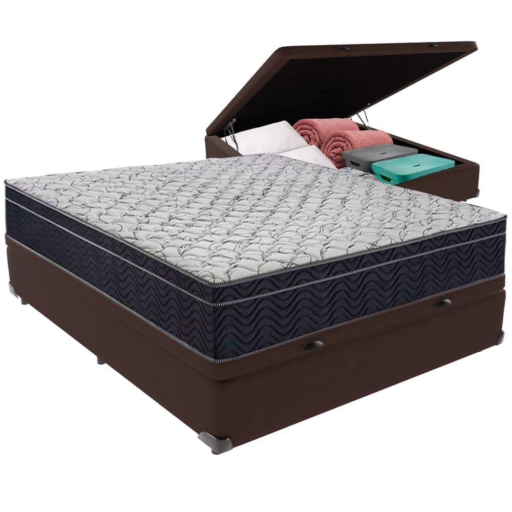 Conjunto Cama Marrom Casal Box com Baú e Colchão Airtech D45