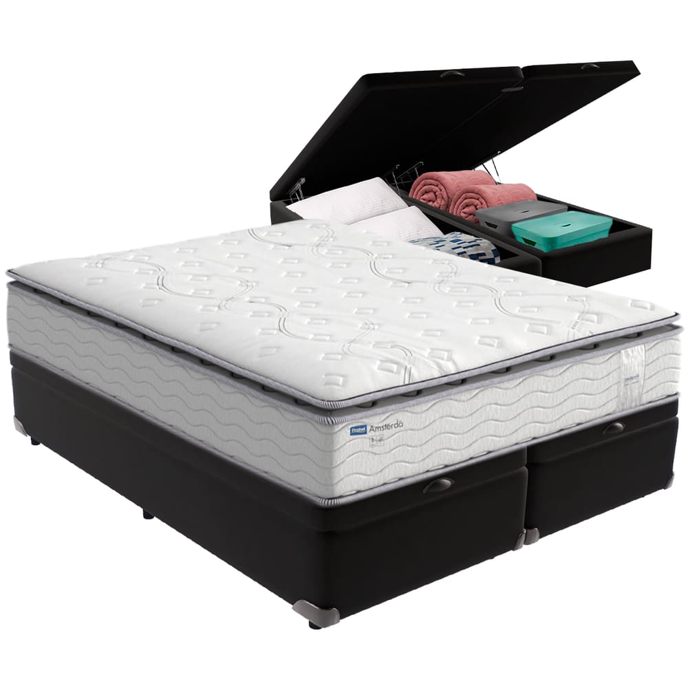 Cama Box Baú Preto e Colchão Amsterdã Molas Ensacadas Queen Probel