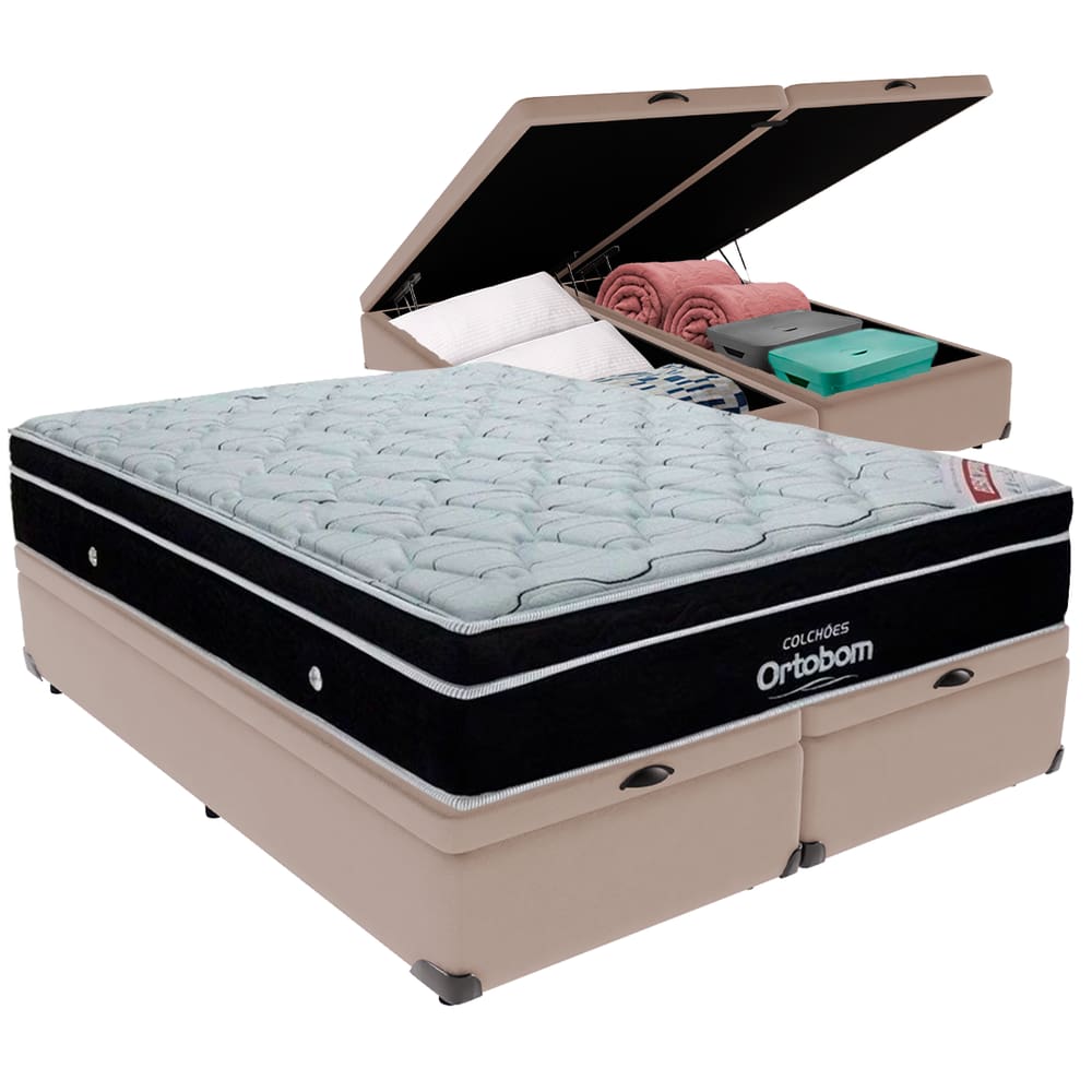 Cama Box Baú Bege e Colchão Elegant Molas Ensacadas King Ortobom