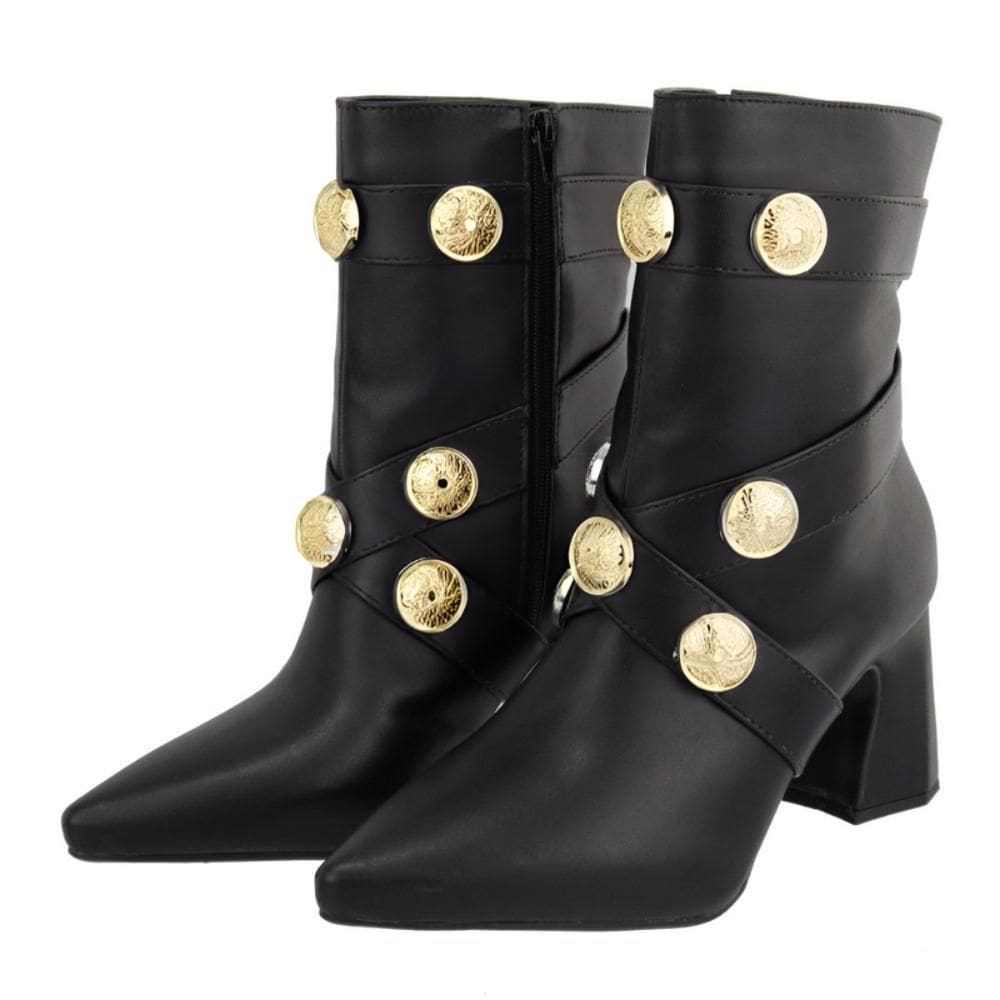Bota Feminina Salto Bloco Cano Médio Broche Dourado
