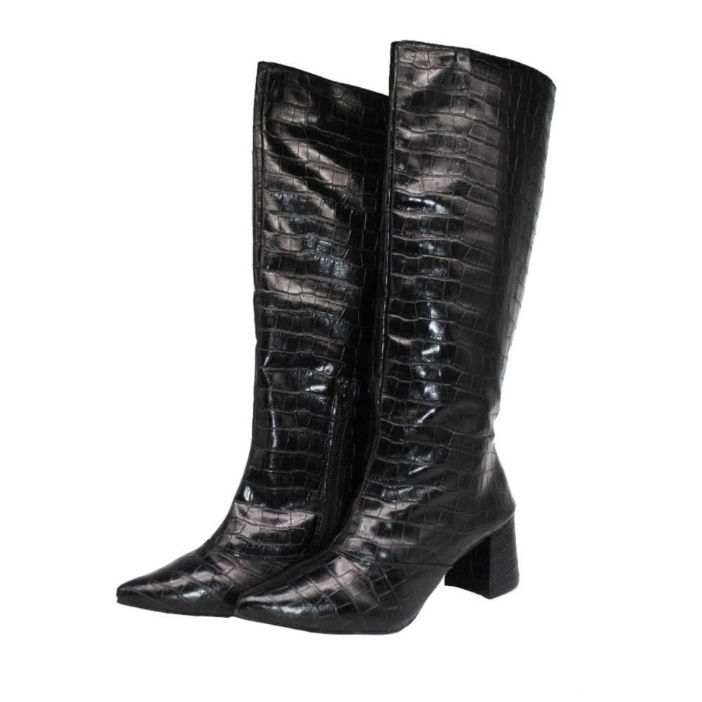 Bota Feminina Salto Bloco Bico Fino Cano Alto Textura Croco