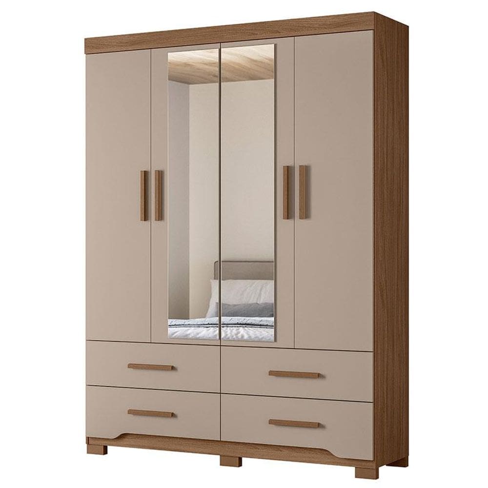 Guarda Roupa Solteiro Miami 4 Portas Carvalho Fendi com Espelho - Moval