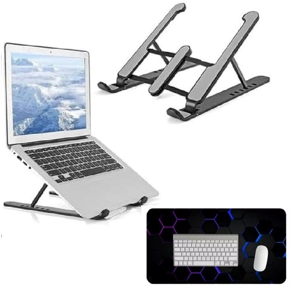 Kit Suporte para Notebook Ajustável Dobrável Metal+ABS + Mouse Pad Gamer 30x80cm Impermeável Antiderrapante