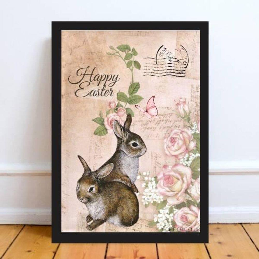 Quadro Happy Easter Coelhinhos Retrô 33X24Cm Moldura Preta