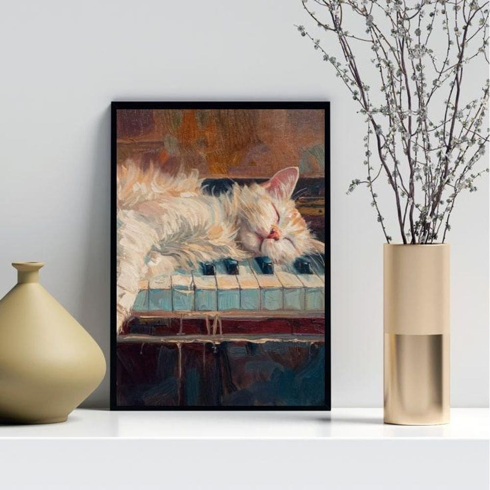 Quadro Decorativo Arte Gato No Piano 45X34Cm