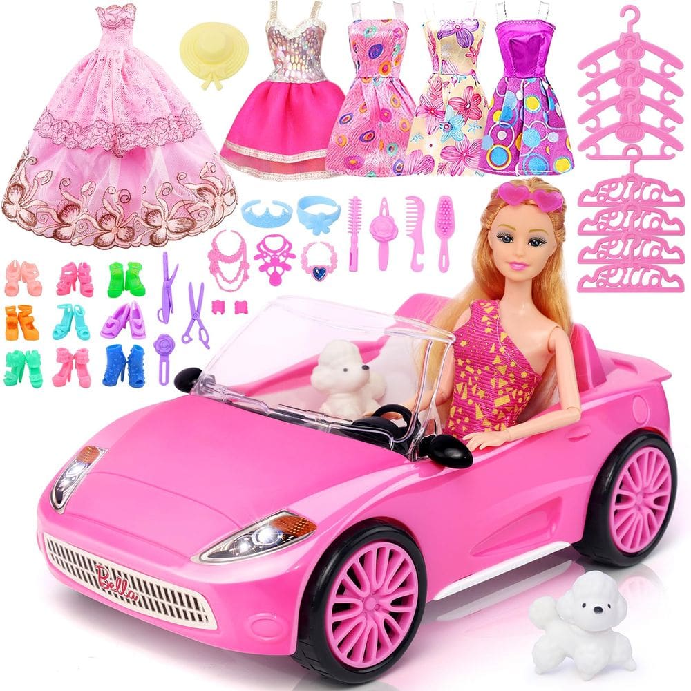 Toy Car TDDS9 rosa conversível com boneca de 11,5 polegadas e 78 unidades