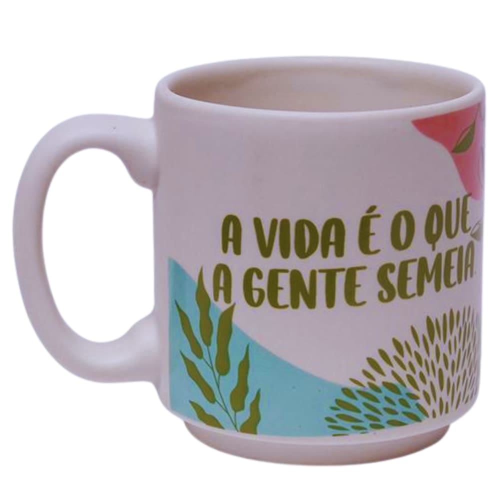 Mini Caneca Folhas A Vida É O Que A Gente Semeia Café Expresso Empilhável Cerâmica 100ML