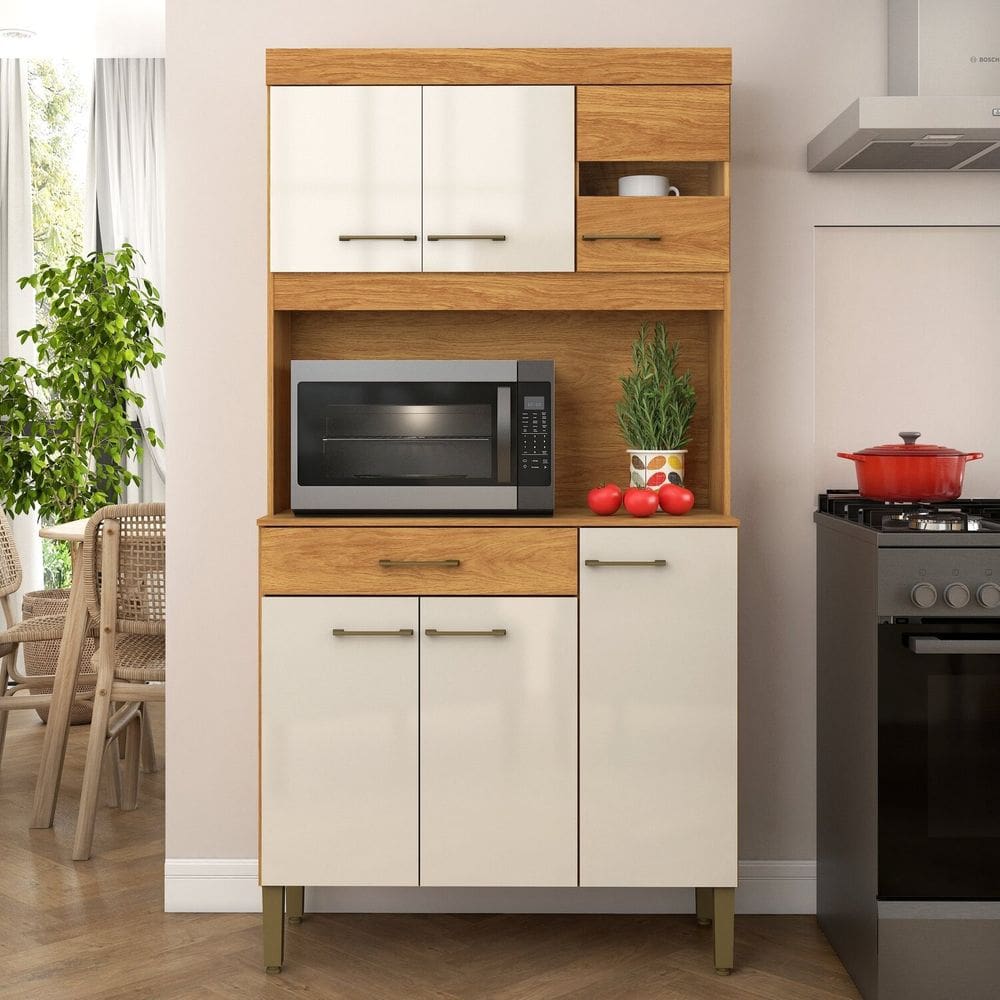 Kit Cozinha Carla 90cm 6 Portas 1 Gaveta Cinamomo/Off White