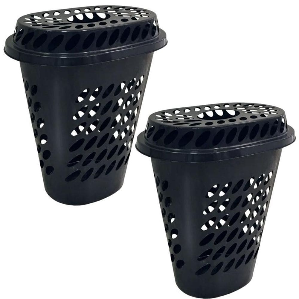Kit 2 Cestos Elegance Para Roupas Com Tampa Preto Arqplast