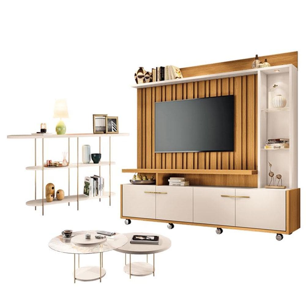 Estante Home Theater Titan Off White Cinamomo e Aparador Infinity e Kit Mesa de Centro sky Off White - HB Móveis