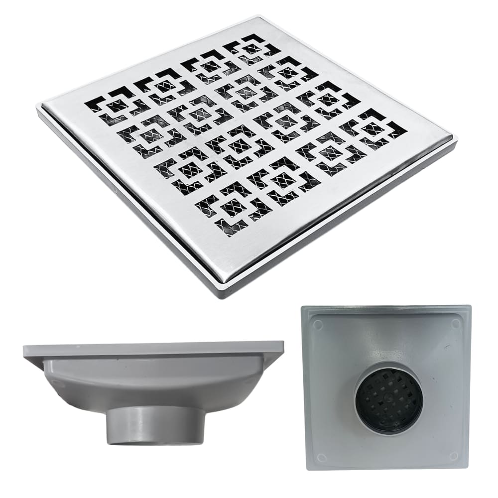 Ralo Quintal 20x20 Inox 304 modelo Dubai Coletor Cinza Saída 100mm e 2 Telas Anti Insetos