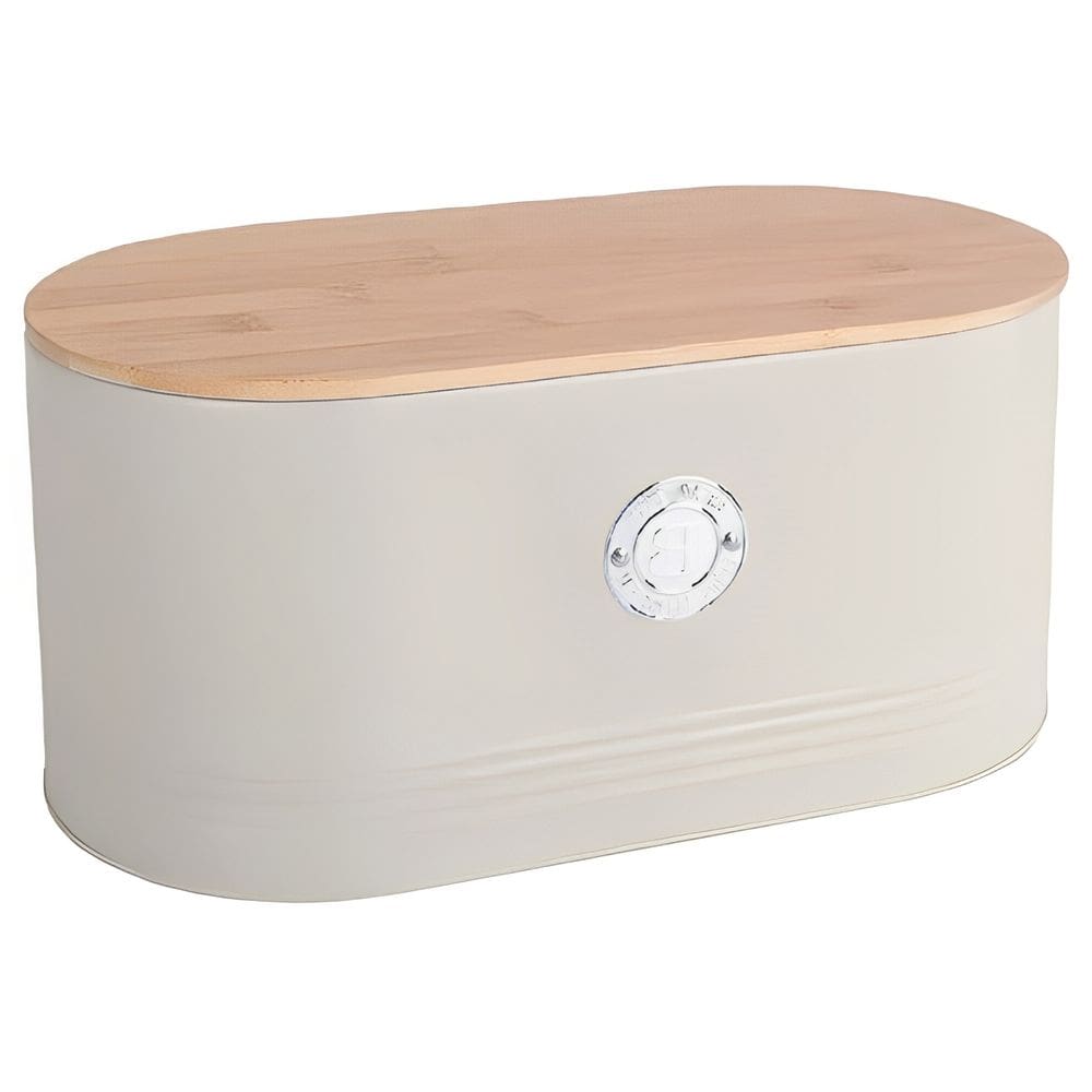 Porta Pão em Metal Creme com Tampa Bambu 33,5cm