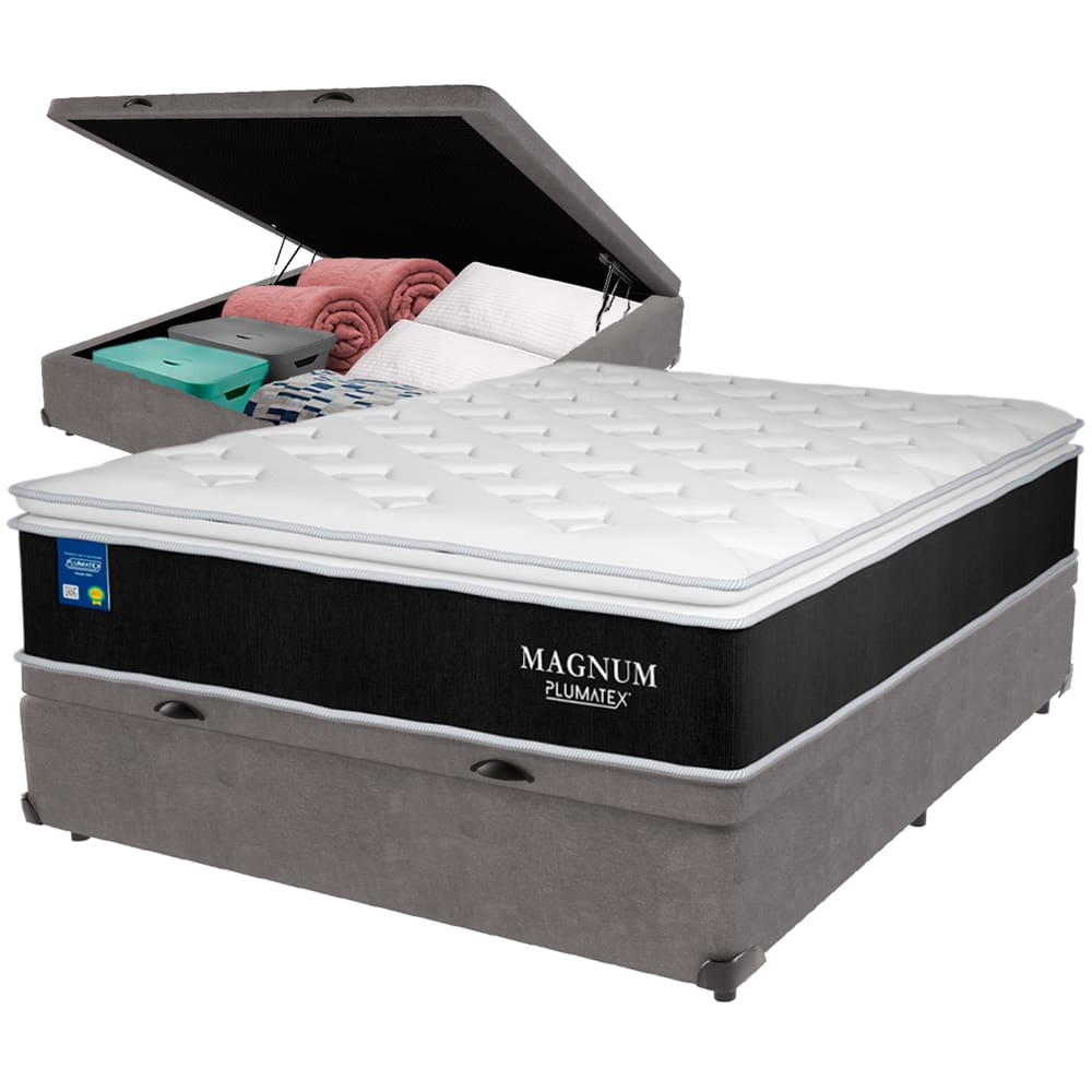 Cama Box Baú Cinza e Colchão Magnum Molas Ensacadas Casal Plumatex