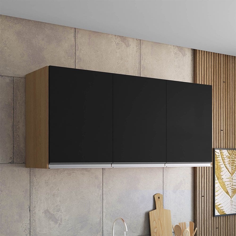 Armário Aéreo 3 Portas 120cm Andréia Amêndoa Preto AJL Móveis
