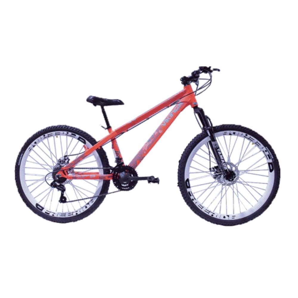 Bicicleta Viking TUFF 30 Freeride Aro 26 Freio a Disco 21 Velocidades Cambio Shimano Laranja Neon Aro Branco