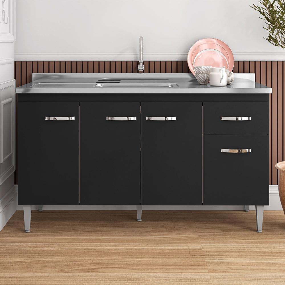 Balcão de Pia Gabriela 150cm Preto AJL Móveis