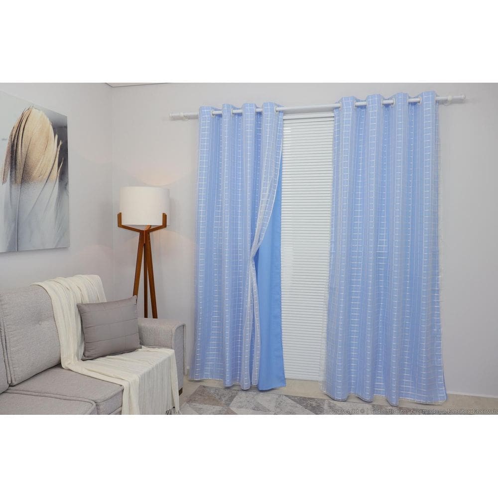 Cortina Oxford Azul-Bebê Com Voil Xadrez Sala/Quarto 300X250