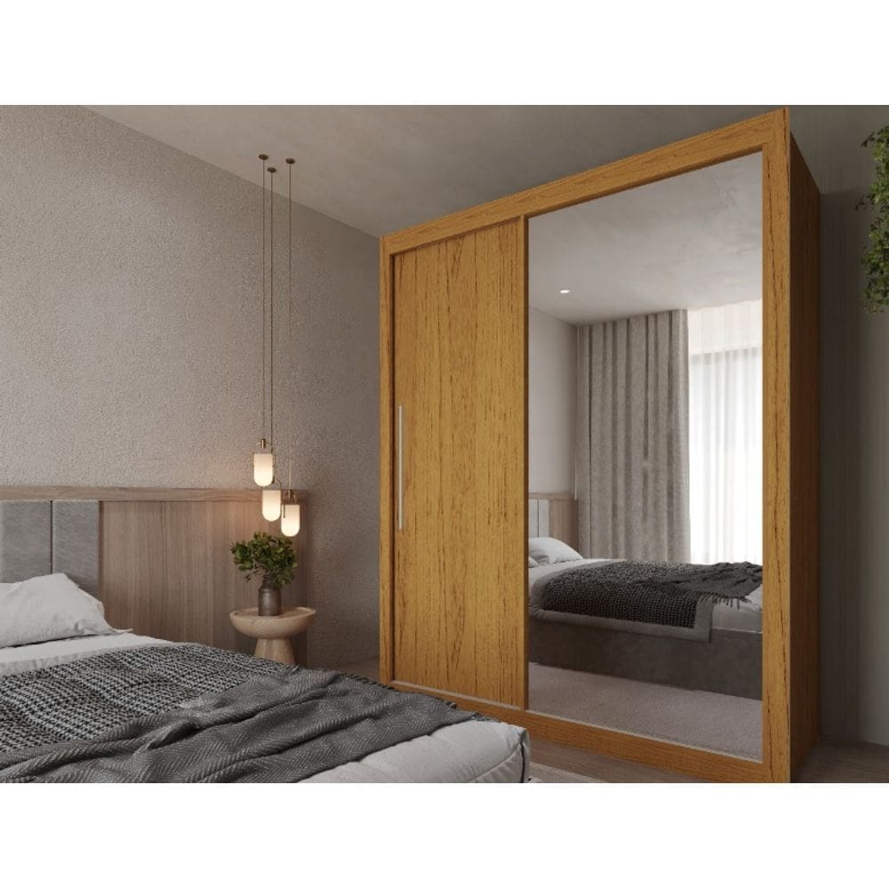Guarda Roupa Solteiro Grande com Espelho 2 Portas 3 Gavetas Royale Gelius - Naturale / Off White Flex MDF