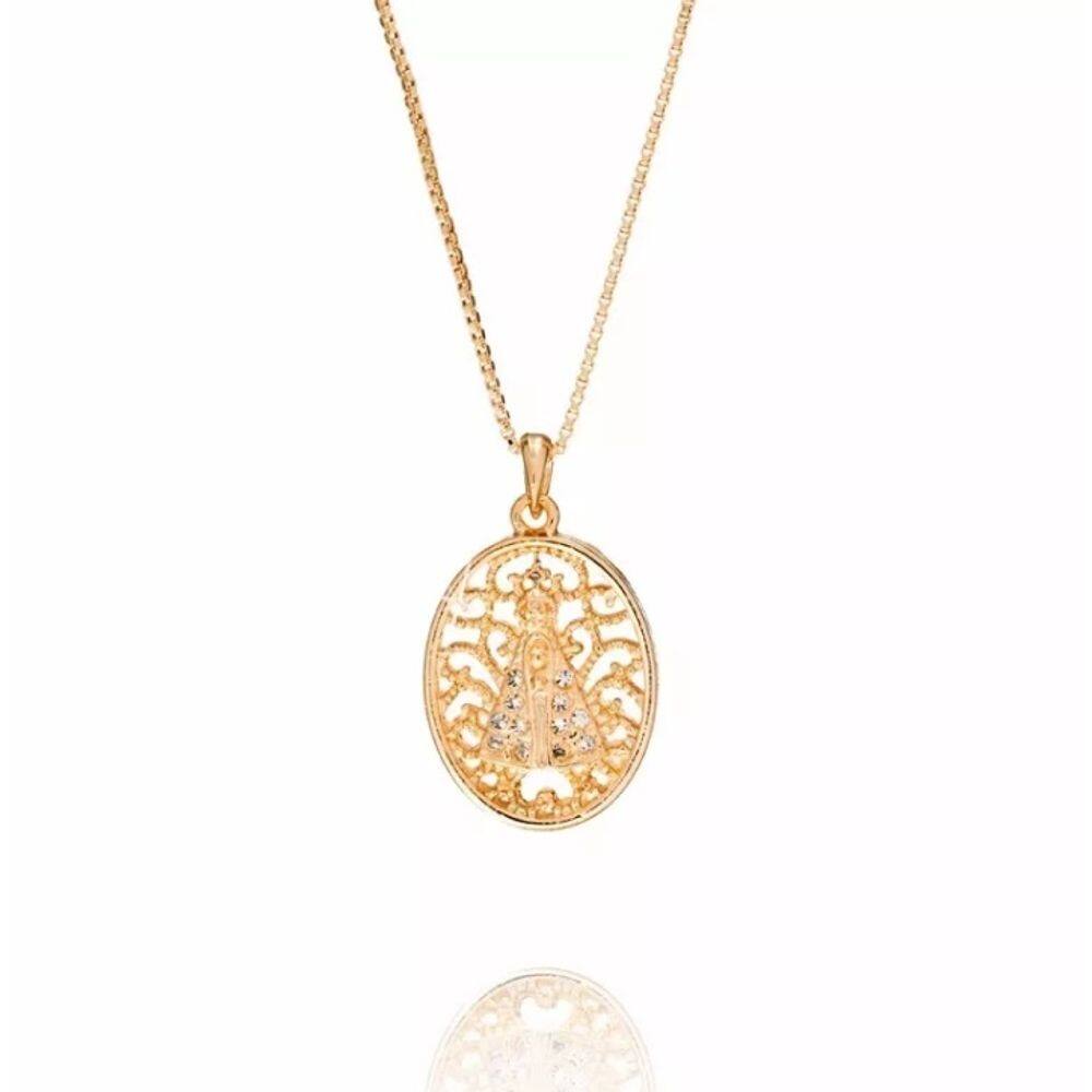 Colar Cordão Nossa Senhora Aparecida Mãe Folheado 18k