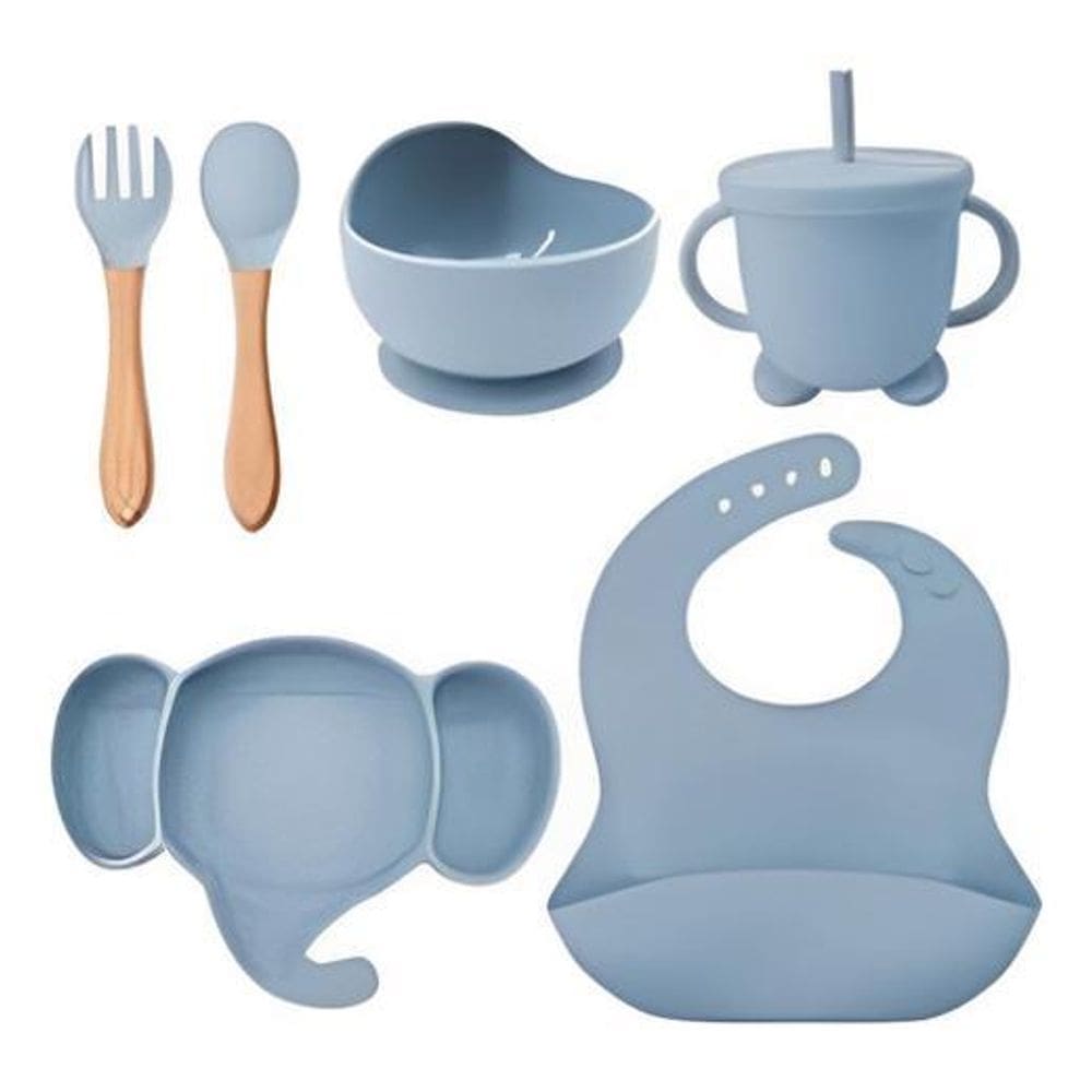 Kit Alimentação Bebê Silicone Prato Copo Talher - Azul-Claro