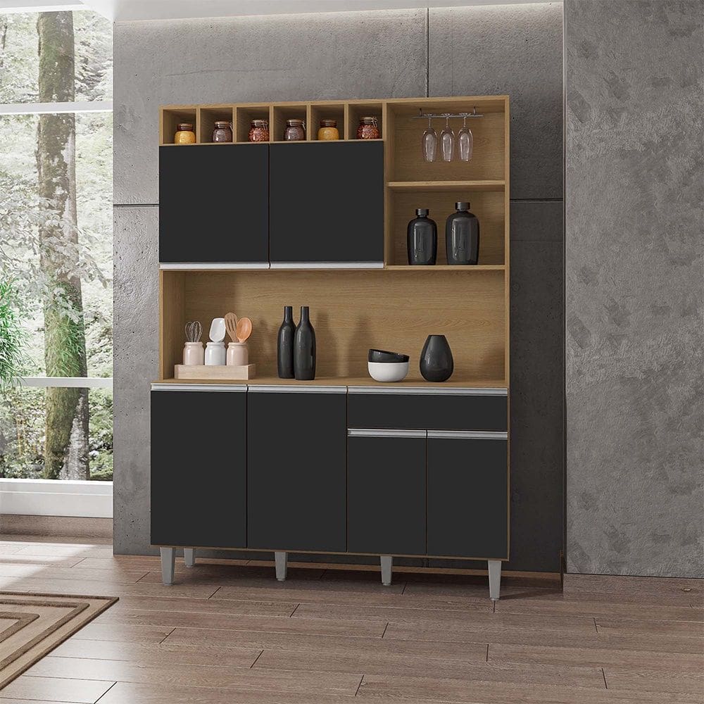 Cozinha Compacta Alice 130cm Amêndoa Preto AJL Móveis