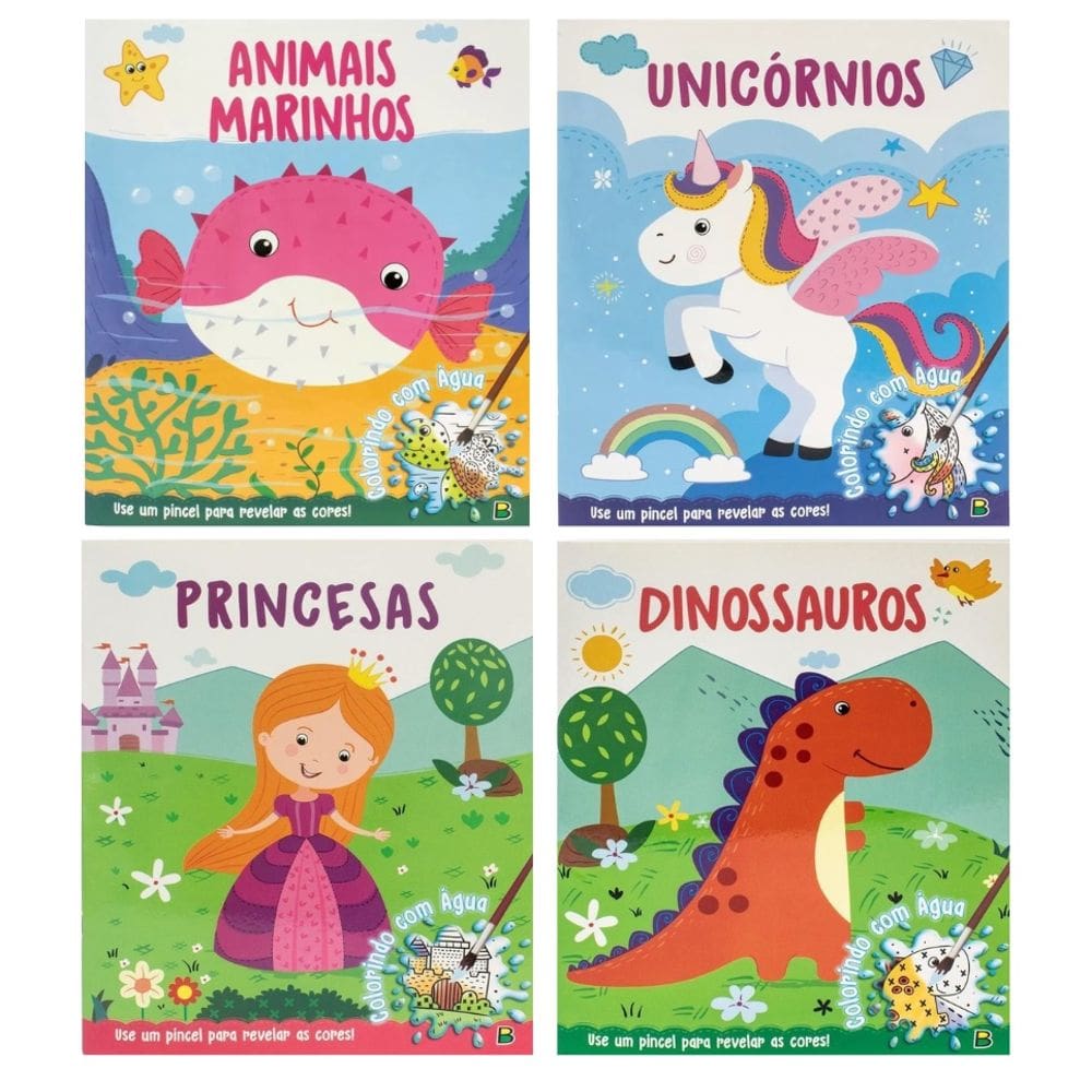 Kit 04 Livros Infantil Colorindo com Água Todolivro | Princesas | Dinossauros | Unicórnios | Animais Marinhos