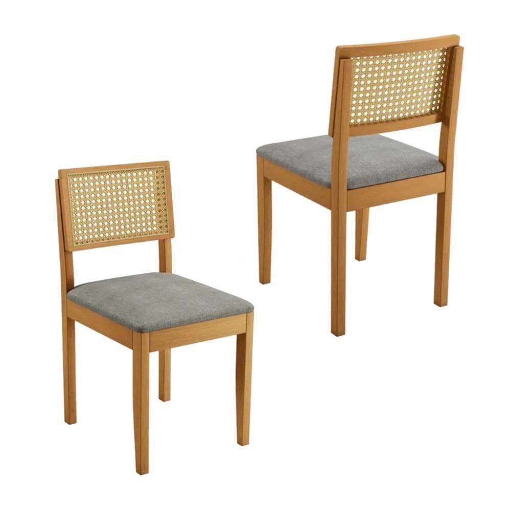 Conjunto 2 Cadeiras De Jantar Jade 03 Em Madeira Maciça Jcm E Encosto Rattan E Linho Cinza