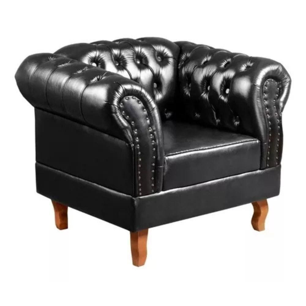 Poltrona Chesterfield Dom Pedro Vintage Retrô Capitonê Couro Preto