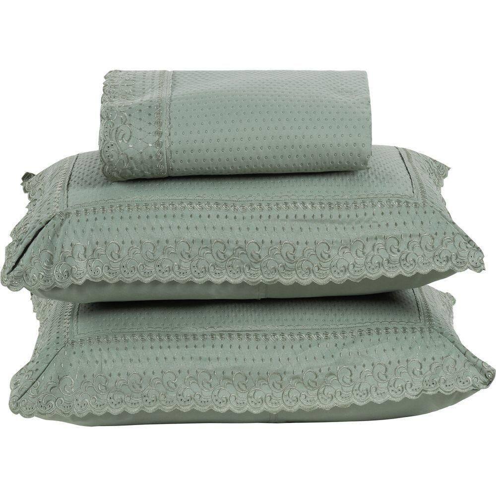 Colcha Queen Home Paris Com Bordado Inglês Micropercal 300 Fios Toque De Algodão 3 Peças - Verde