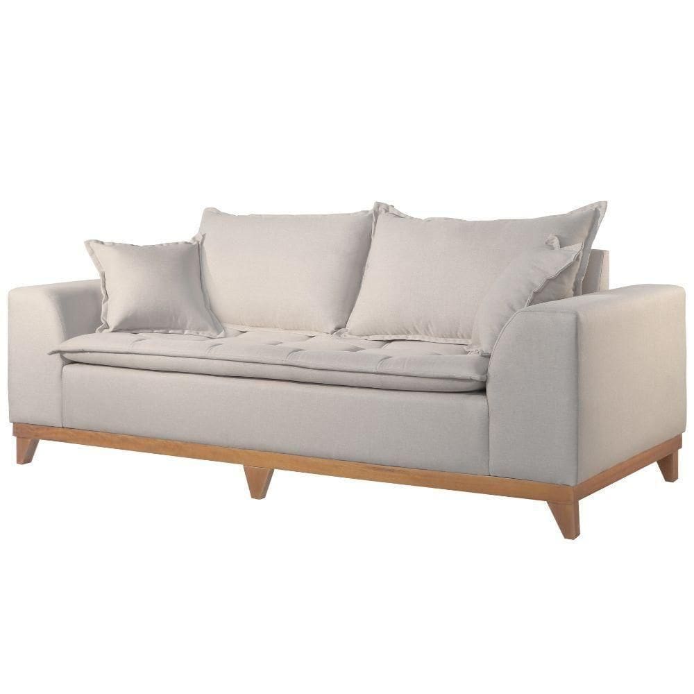 Sofá Living Lótus Linho Nude Com Pés Em Madeira