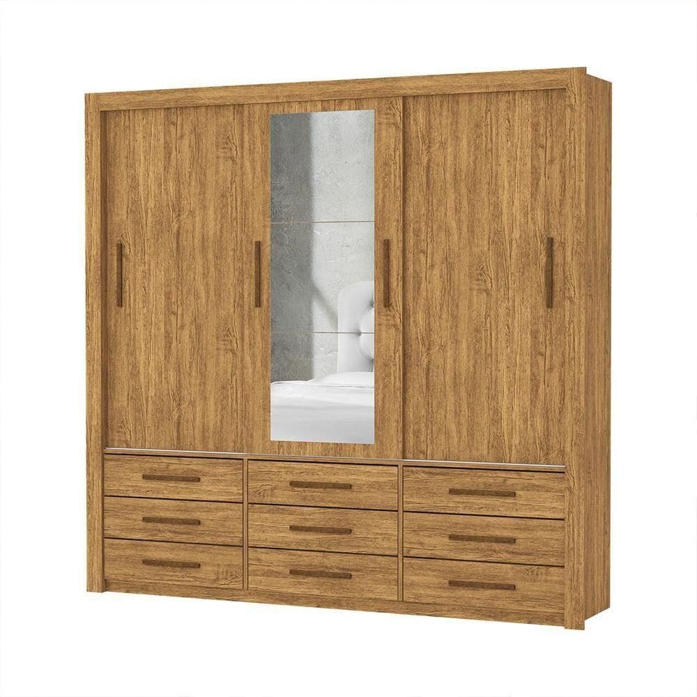 Guarda Roupa Roupeiro Anjos 3 Portas De Correr Com Espelho Central 9 Gavetas Carioca Cinamomo