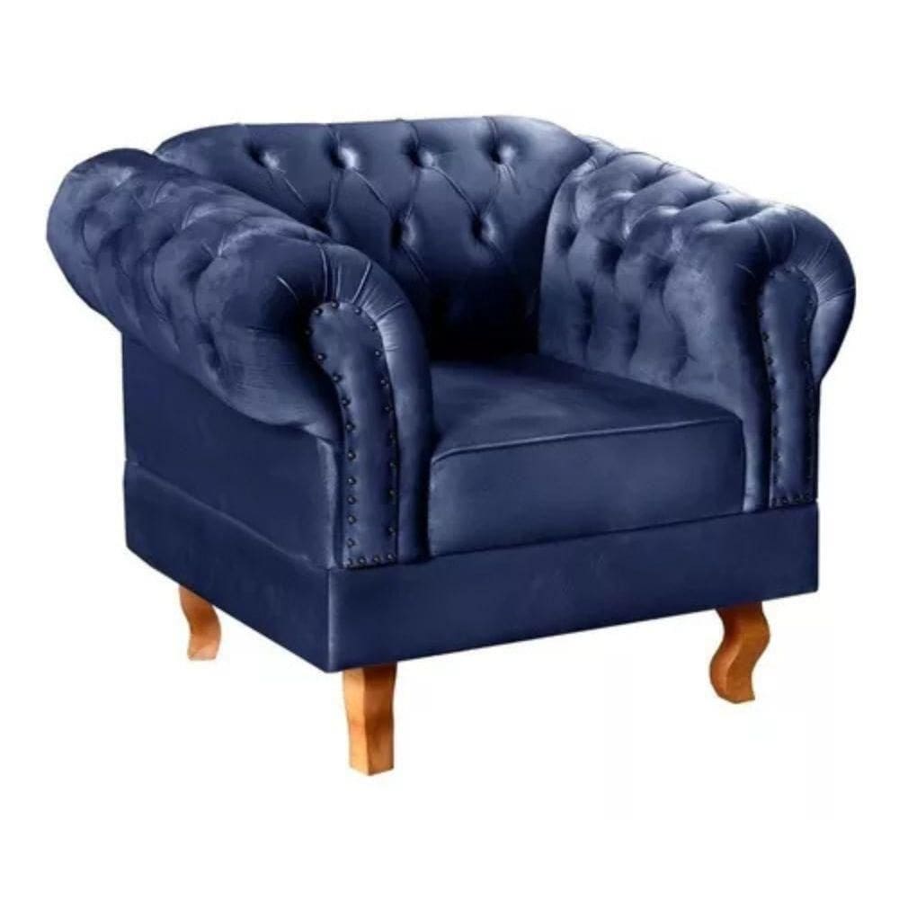 Poltrona Chesterfield Dom Pedro Vintage Retrô Capitonê Suede Azul Marinho