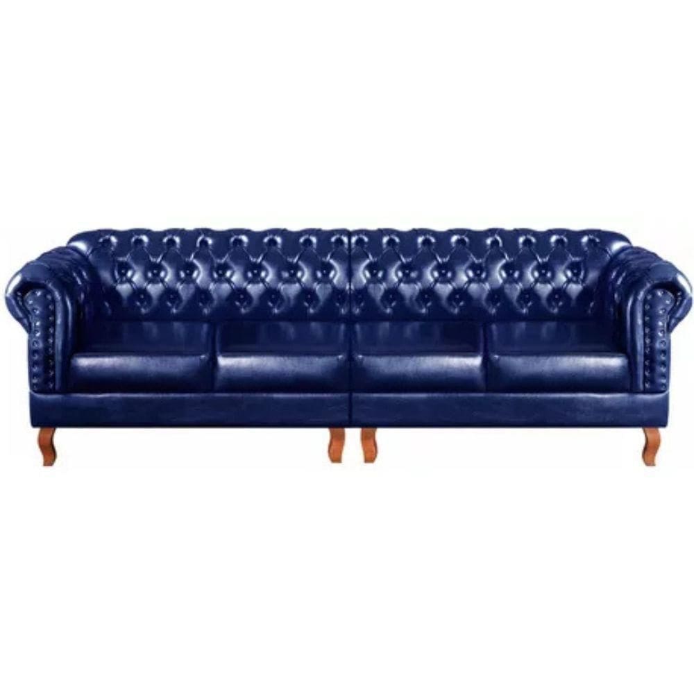 Sofá Chesterfield 4 Lugares Dom Pedro Vintage Retrô Capitonê Couro Azul